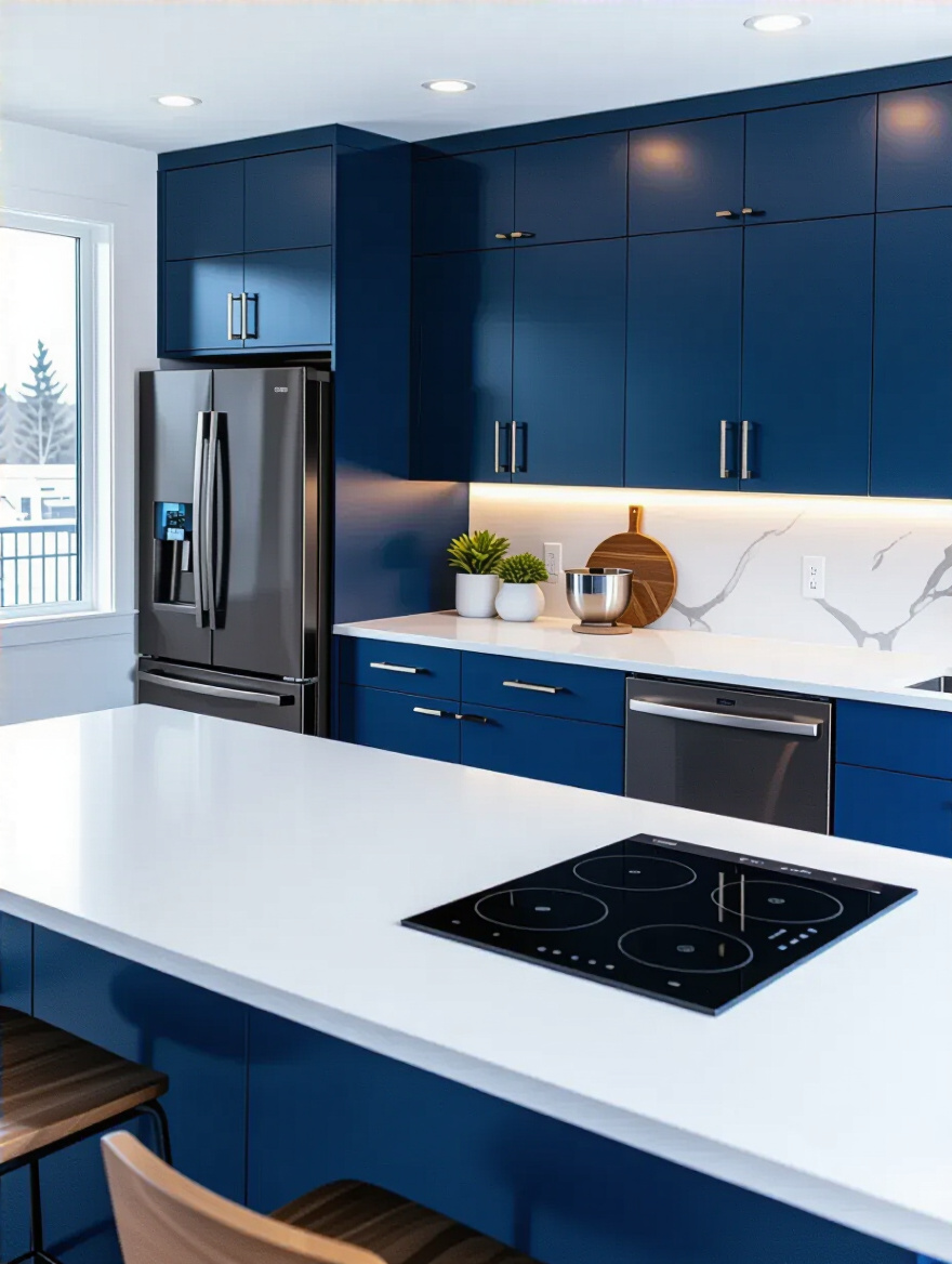 Vertical blue kitchen with integrated smart appliances and layered lighting