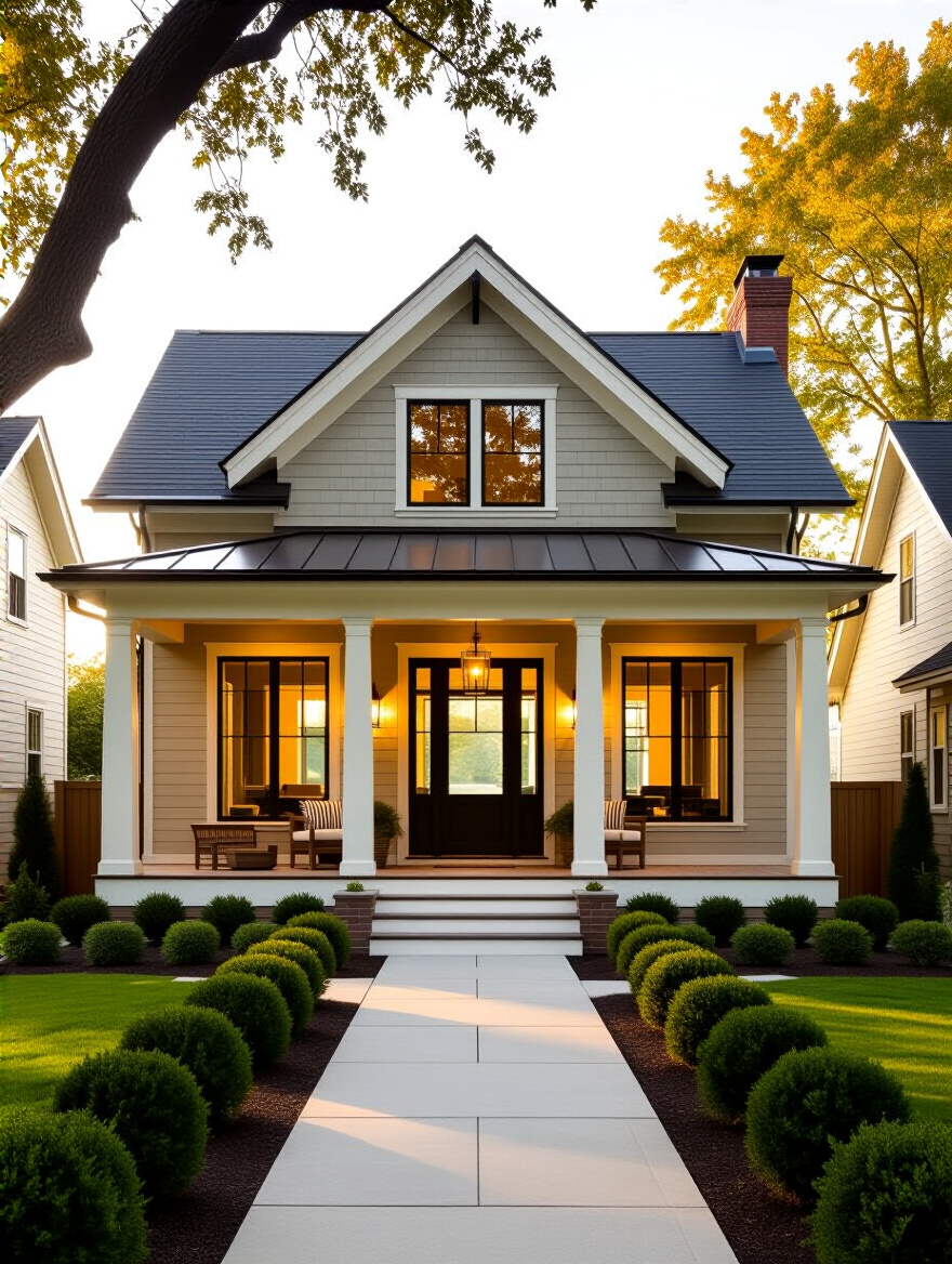 Front porch with a matching gable roof integrated into the home's silhouette, warm golden hour light highlighting roof details