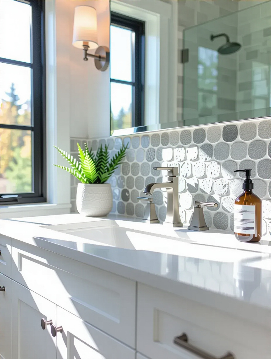 White bathroom vanity with unique textured natural stone mosaic backsplash under soft natural lighting