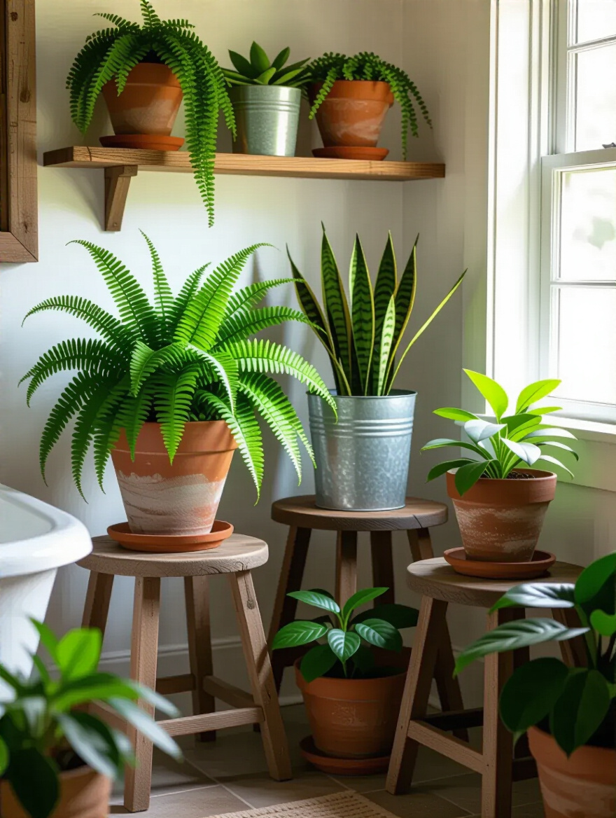 Cozy country bathroom corner with rustic potted plants in terracotta and metal containers enhancing the warm, natural aesthetic