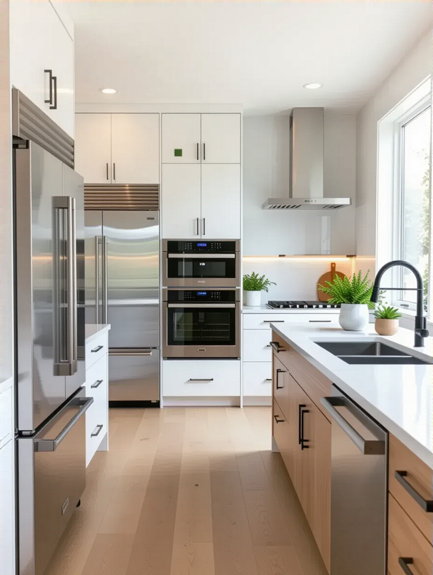 Portrait photo of a bright, modern kitchen with energy-efficient appliances and natural daylight, no people or text.