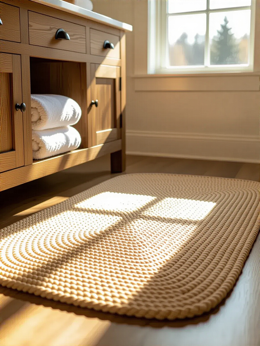 Natural fiber braided rug in front of rustic wooden bathroom vanity providing warmth and texture in a country bathroom