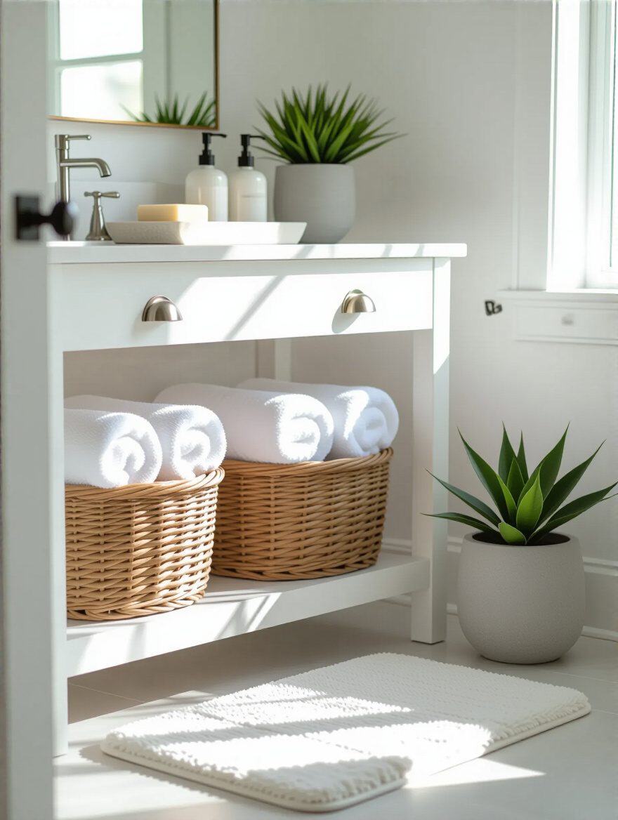 White bathroom vanity styled with layered towels, rugs, and decorative accents highlighting varied textures and depth