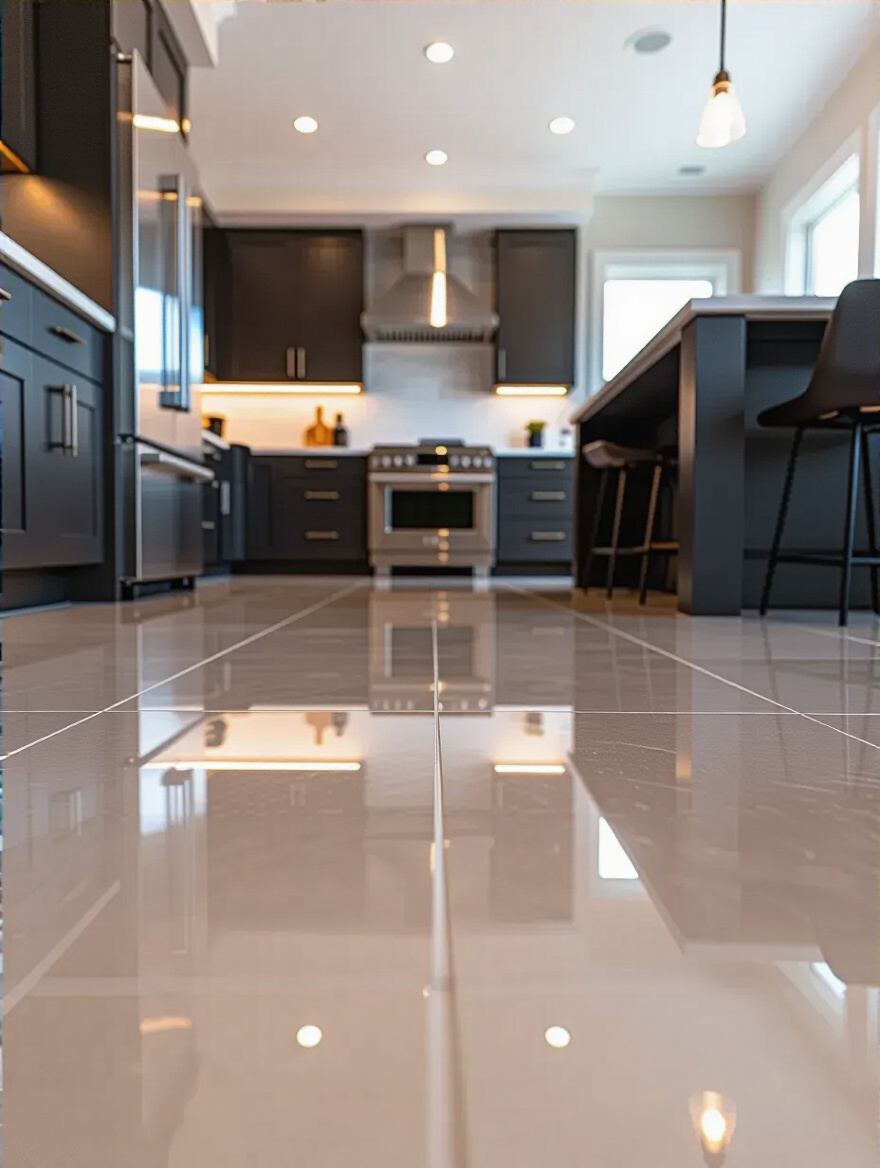 Vertical photo of a pristine kitchen floor after post-installation cleaning, showing glossy surface and crisp grout lines.