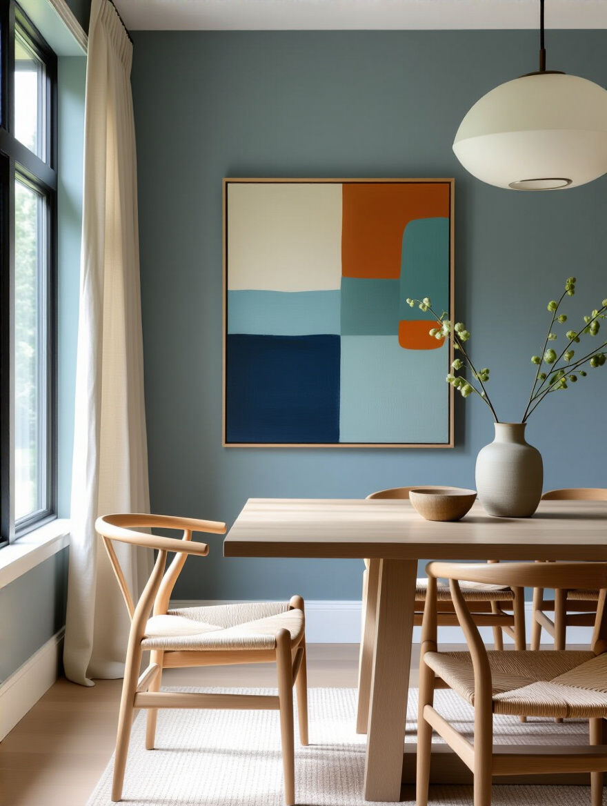 Modern dining room with harmonious wall colors that complement artwork and textiles creating a unified aesthetic
