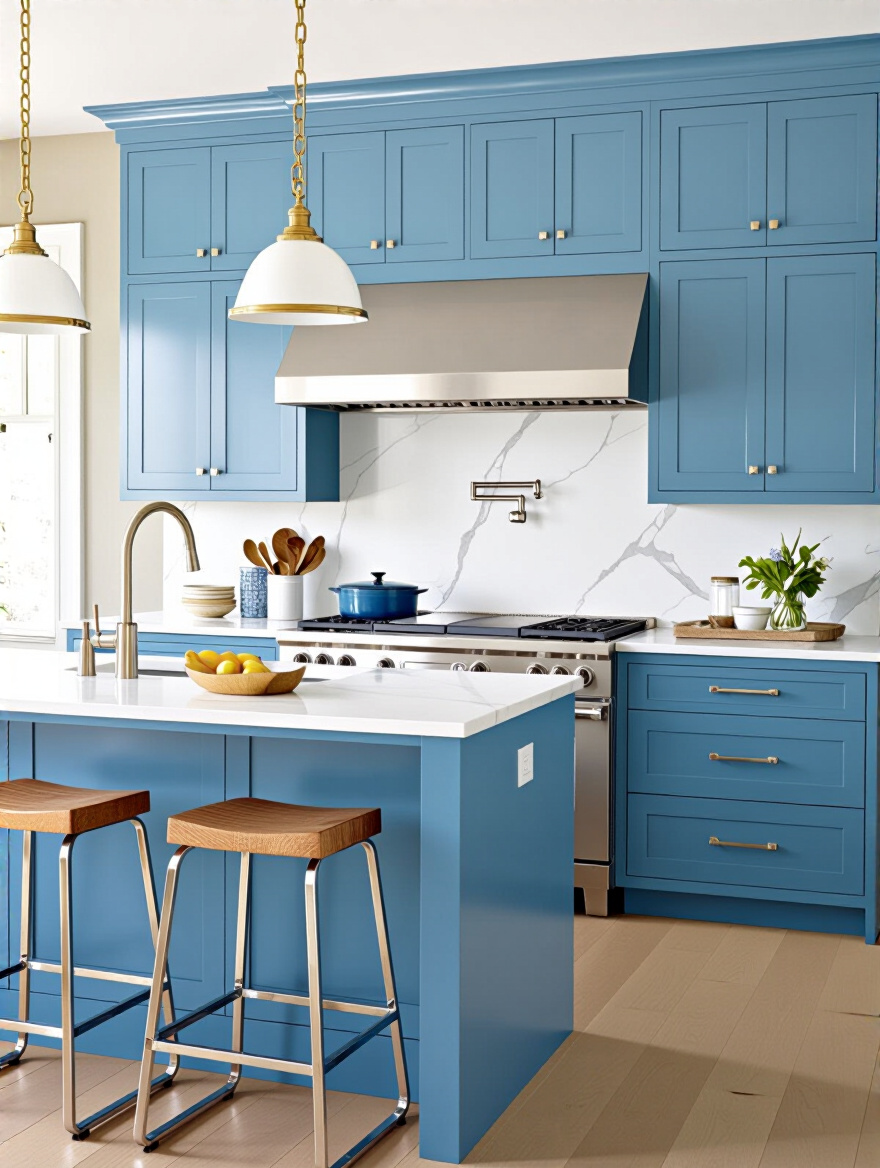 Leverage Metallic Finishes to Add Sophistication to Blue Designs. for blue kitchen remodeling