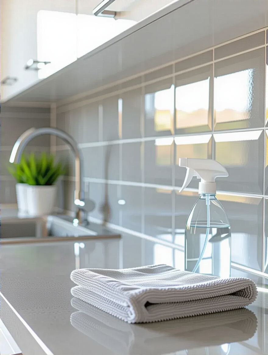 Vertical shot of a modern kitchen backsplash with a microfiber cloth and spray bottle on the counter, no people or text