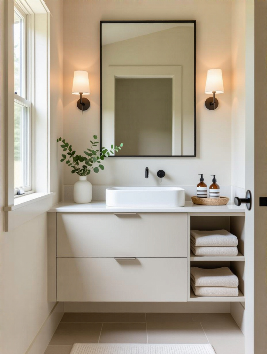 Minimalist country bathroom with built-in vanity and neutral colors, showcasing a serene and uncluttered retreat