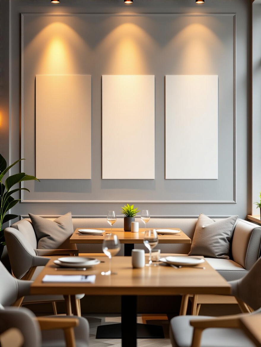 Dining room wall with large paint samples showing optimized colors under warm artificial LED lighting