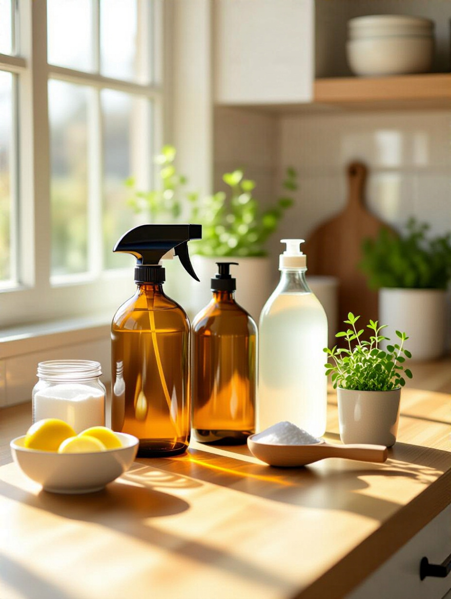 Eco friendly kitchen counter with DIY cleaning ingredients and reusable bottles