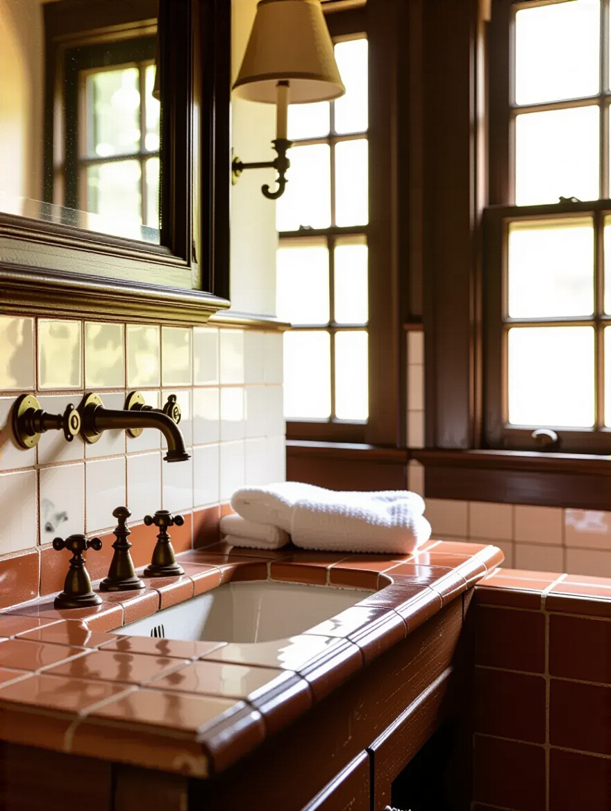 Portrait image of preserved historical materials in a colonial bathroom featuring antique brass fixtures and terracotta tiles under soft natural light