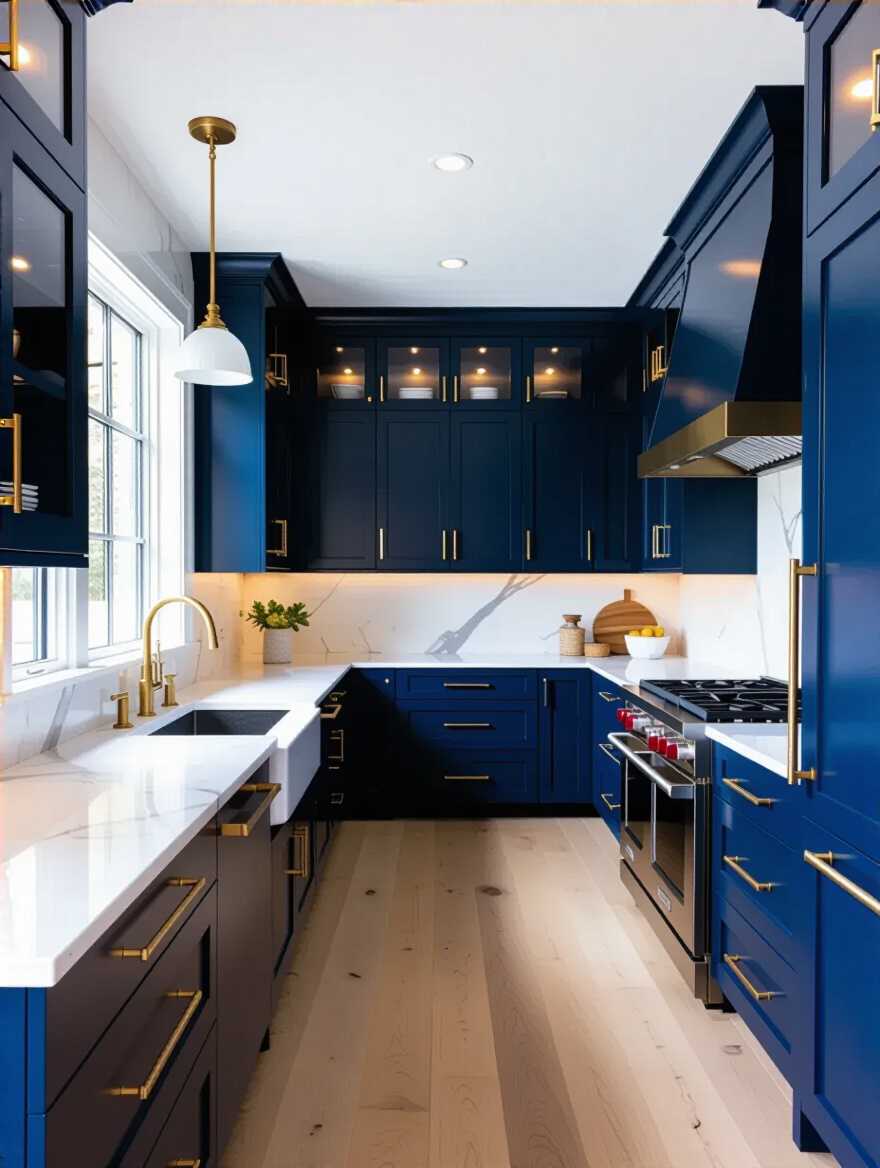 Vertical photo of a modern blue-toned kitchen with navy island and powder-blue cabinets