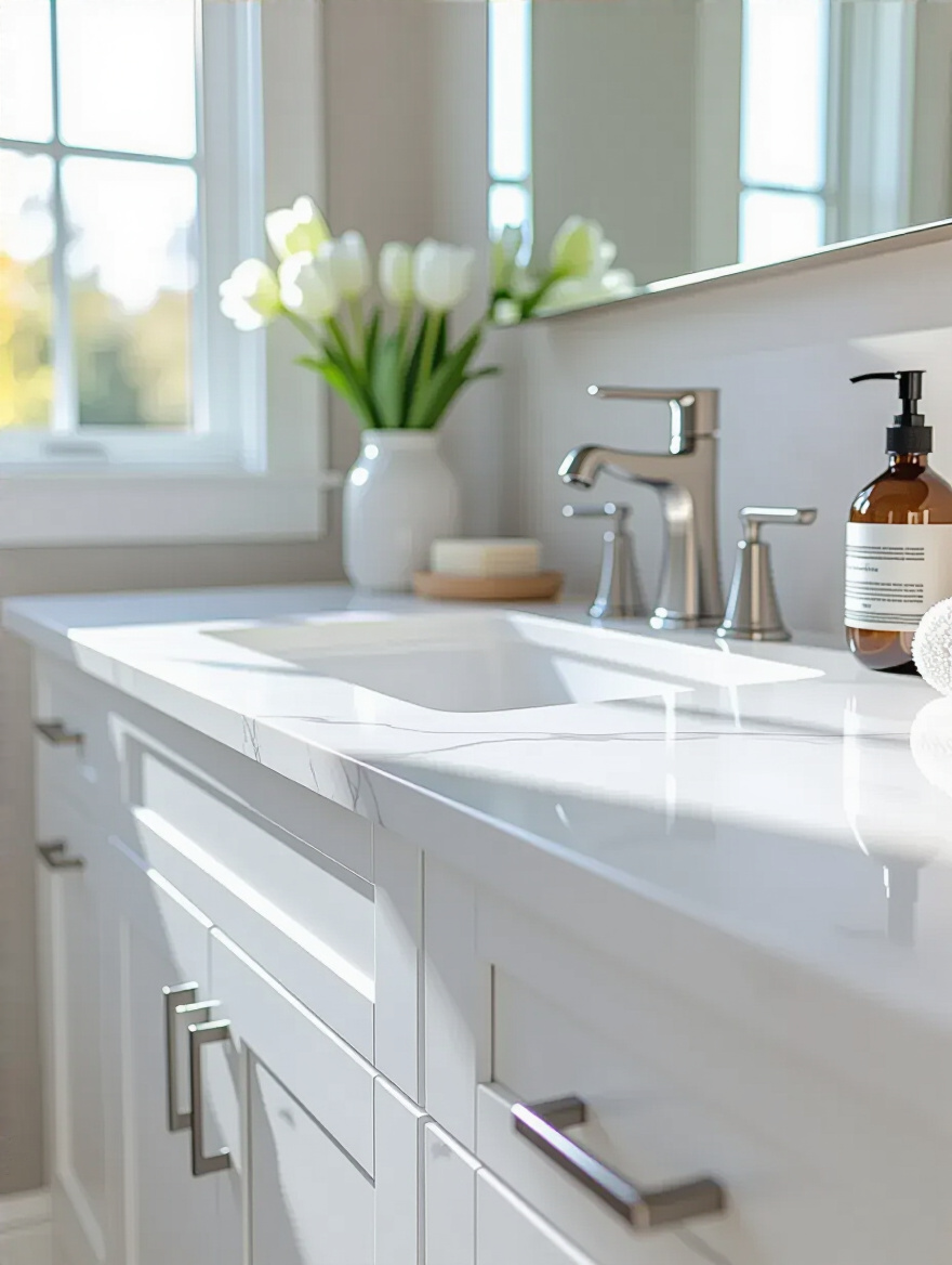 White bathroom vanity with a sleek quartz countertop under natural soft lighting, showcasing material texture and durability