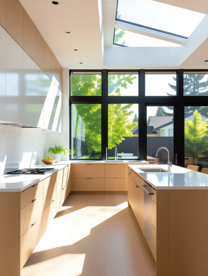 Bright modern kitchen with large windows maximizing natural daylight and reflective surfaces
