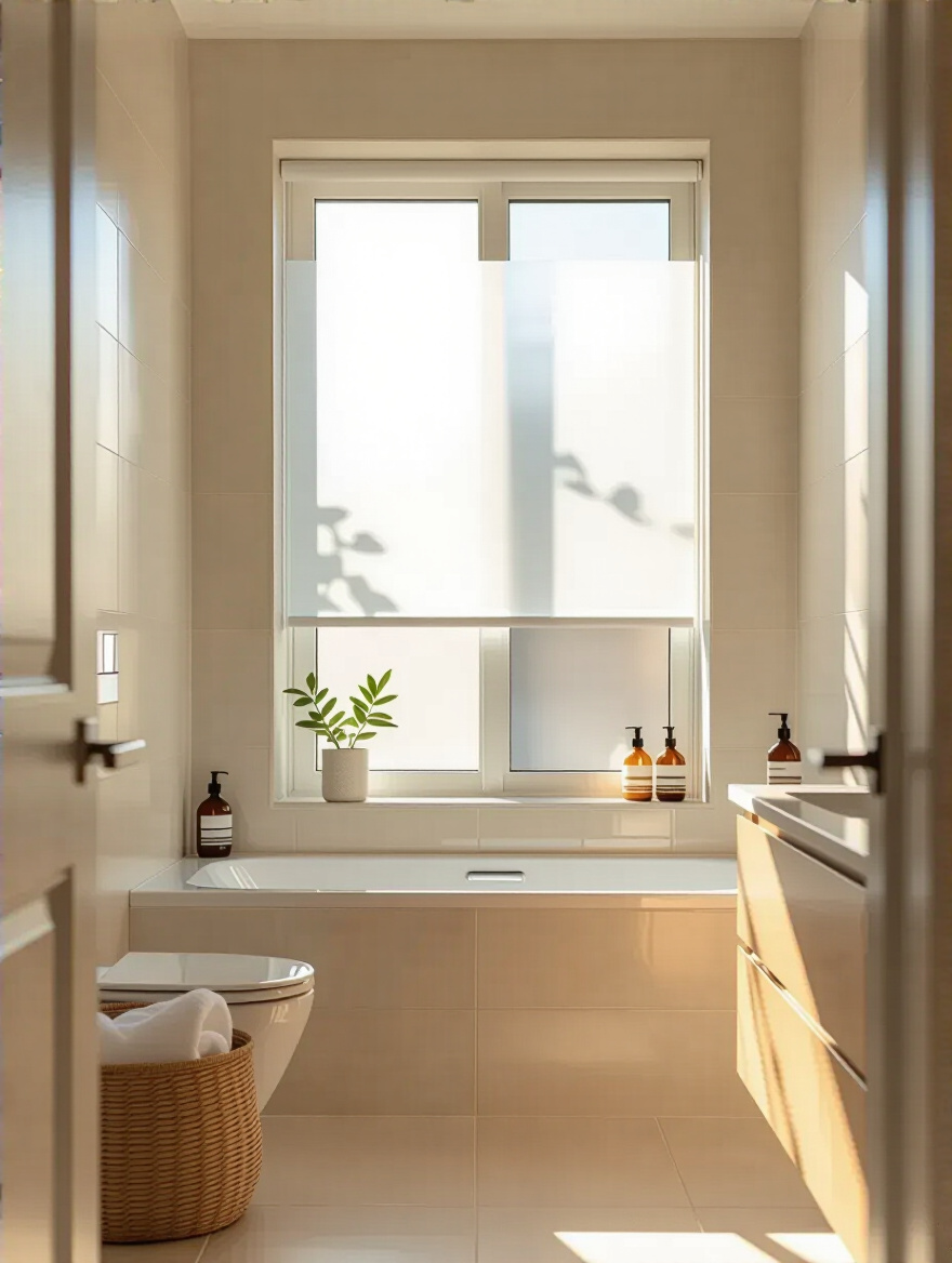 Small bathroom window with sheer frosted window film diffusing natural light, bright and private interior