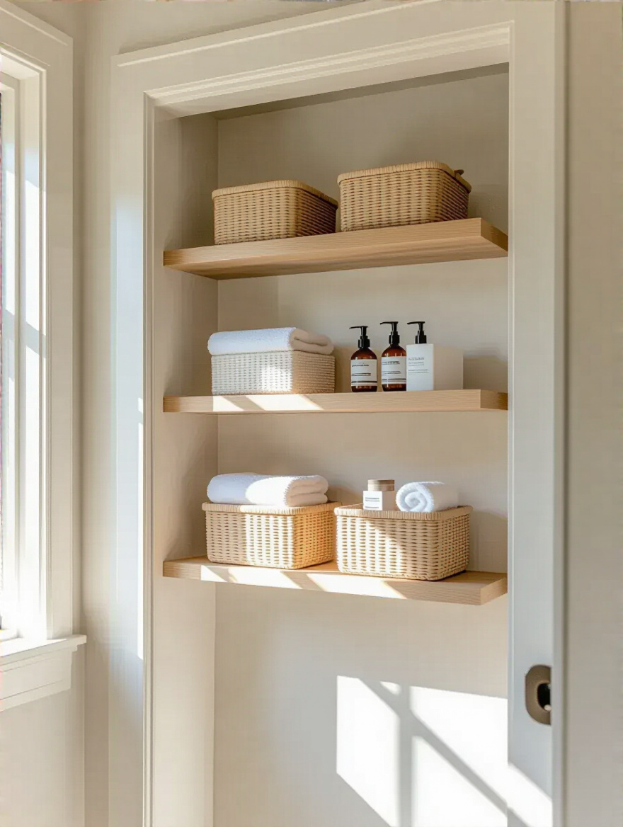 Small bathroom with floating shelves mounted above doorframe holding decorative baskets and toiletries