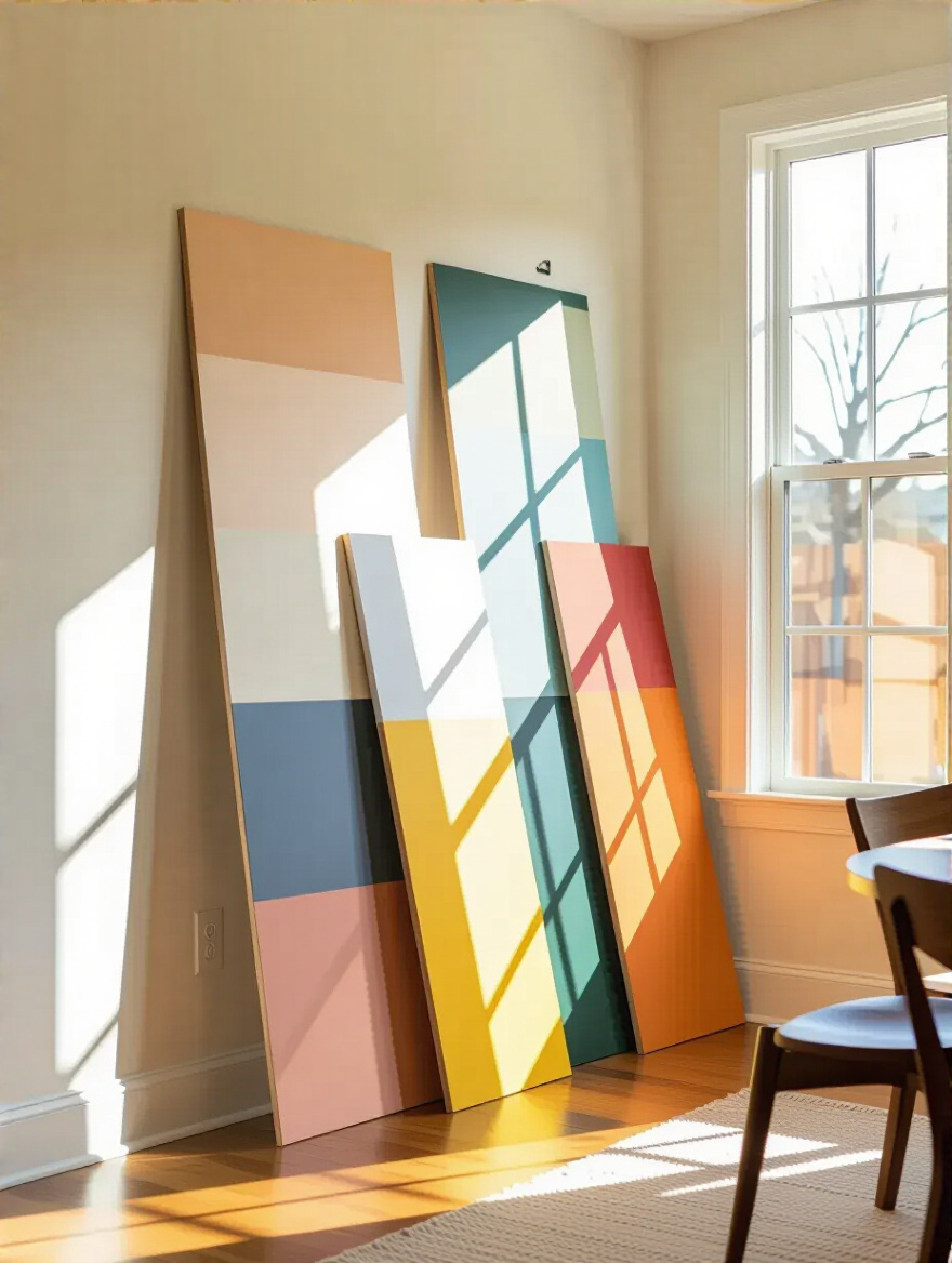 Dining room corner with multiple large paint sample boards on adjacent walls under natural light showing true color perception