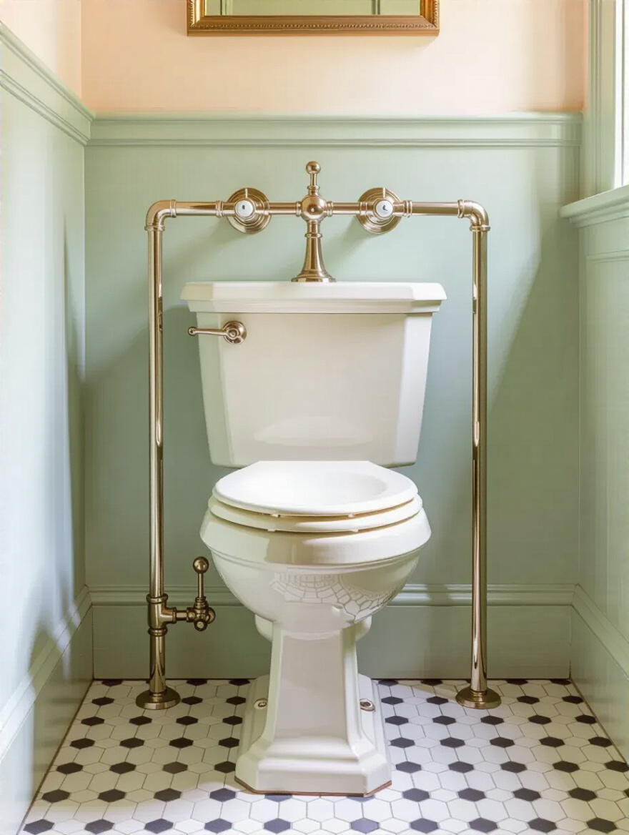 Portrait view of a traditional bathroom featuring a vintage high-tank toilet with polished nickel exposed pipes and mosaic tile flooring