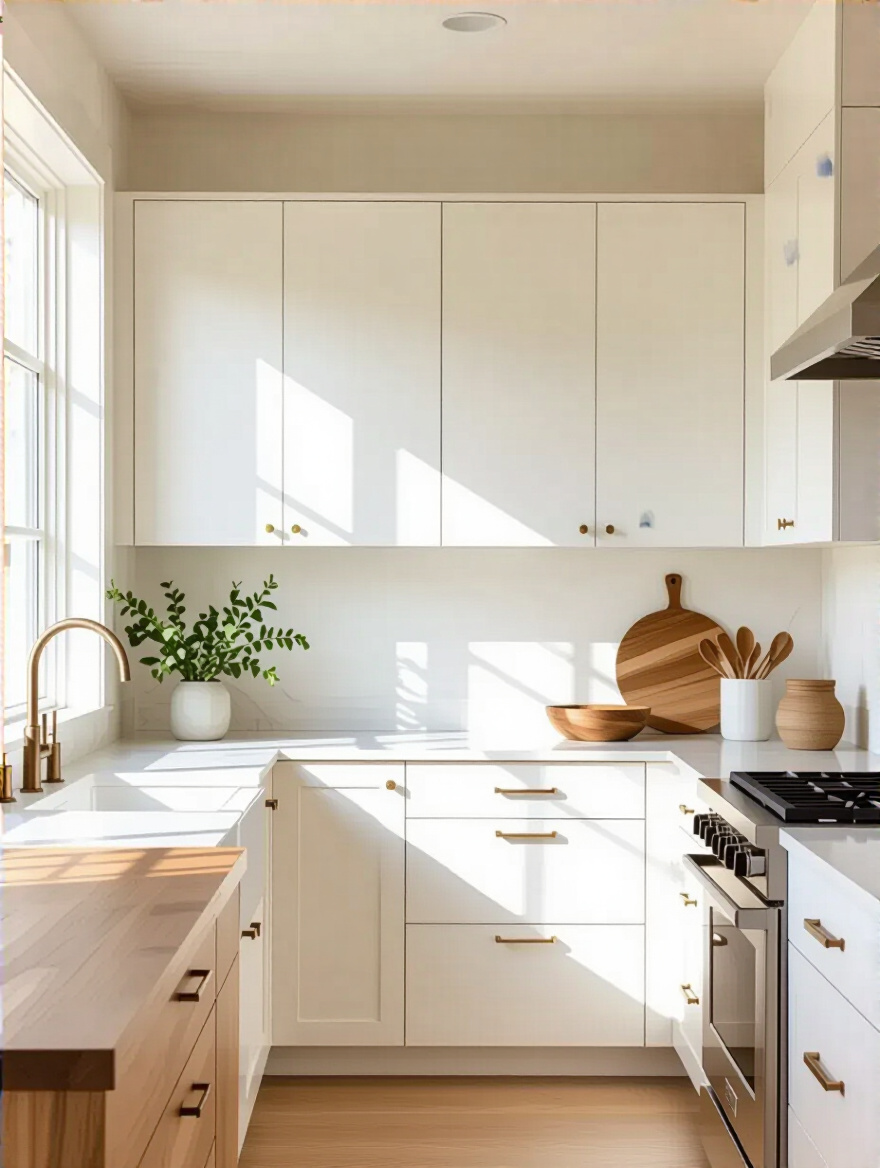 Portrait-style photo of a modern kitchen corner with non-toxic finishes on cabinets and countertops; daylight; no people.