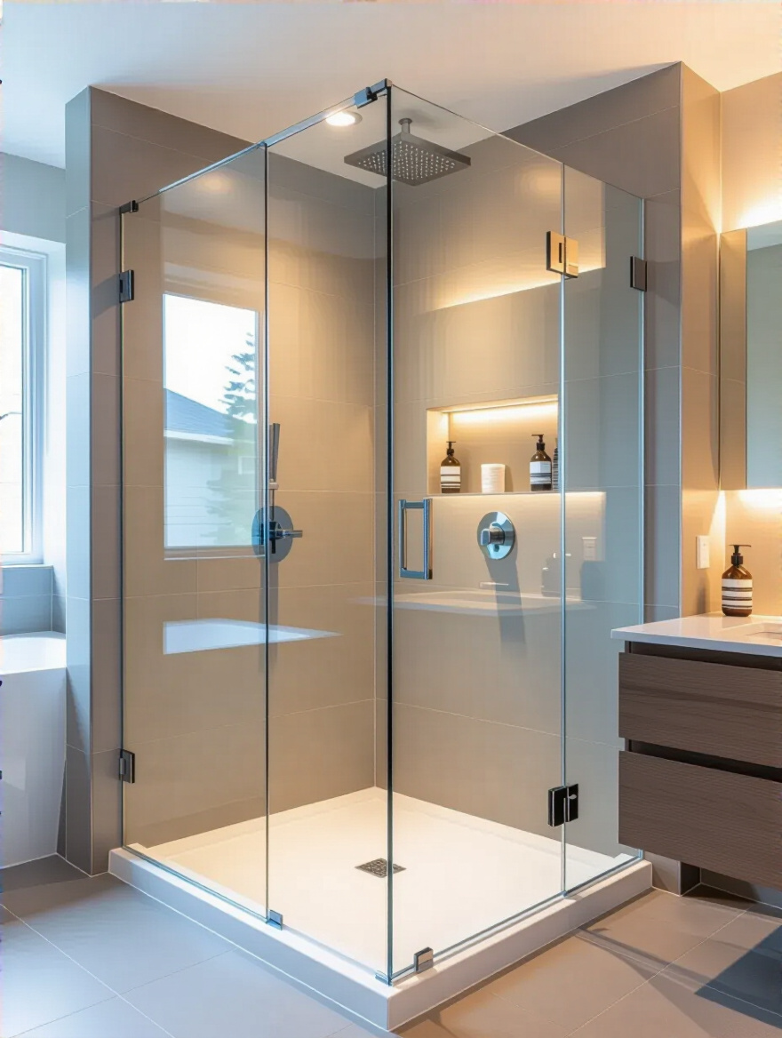 Small modern bathroom with frameless clear glass shower door creating an open and continuous look