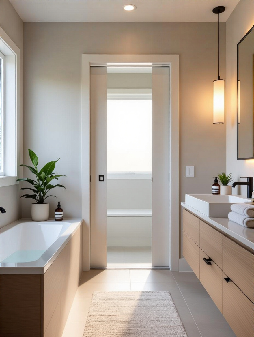 Small modern bathroom featuring a pocket door saving opening clearance with no visible door swing