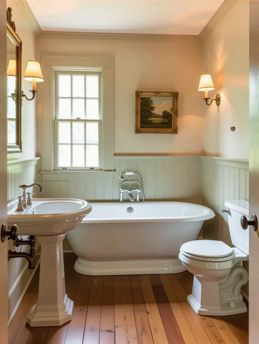 Colonial bathroom interior with period fixture placement including pedestal sink, clawfoot tub, and high-tank toilet arranged for optimal flow