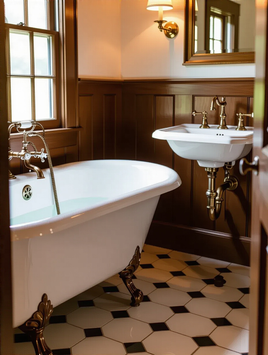 Colonial bathroom with optimized plumbing lines showing polished nickel pipes and authentic fixtures