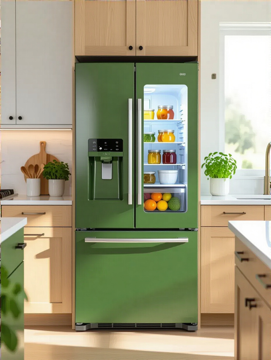 Modern green kitchen with energy-efficient refrigerator and organized interior shelves