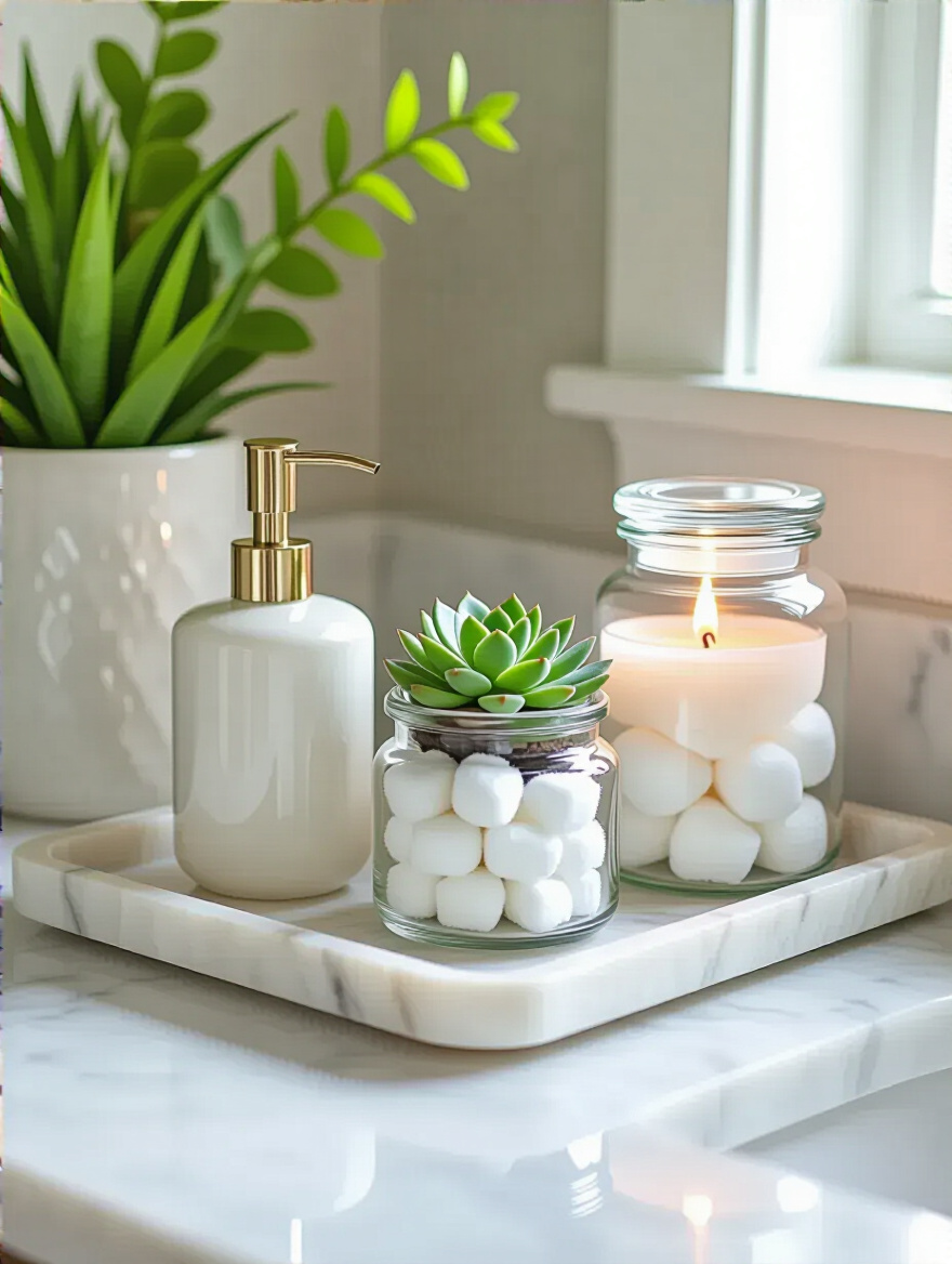 Small bathroom countertop organized with decorative trays and clear apothecary jars holding essentials