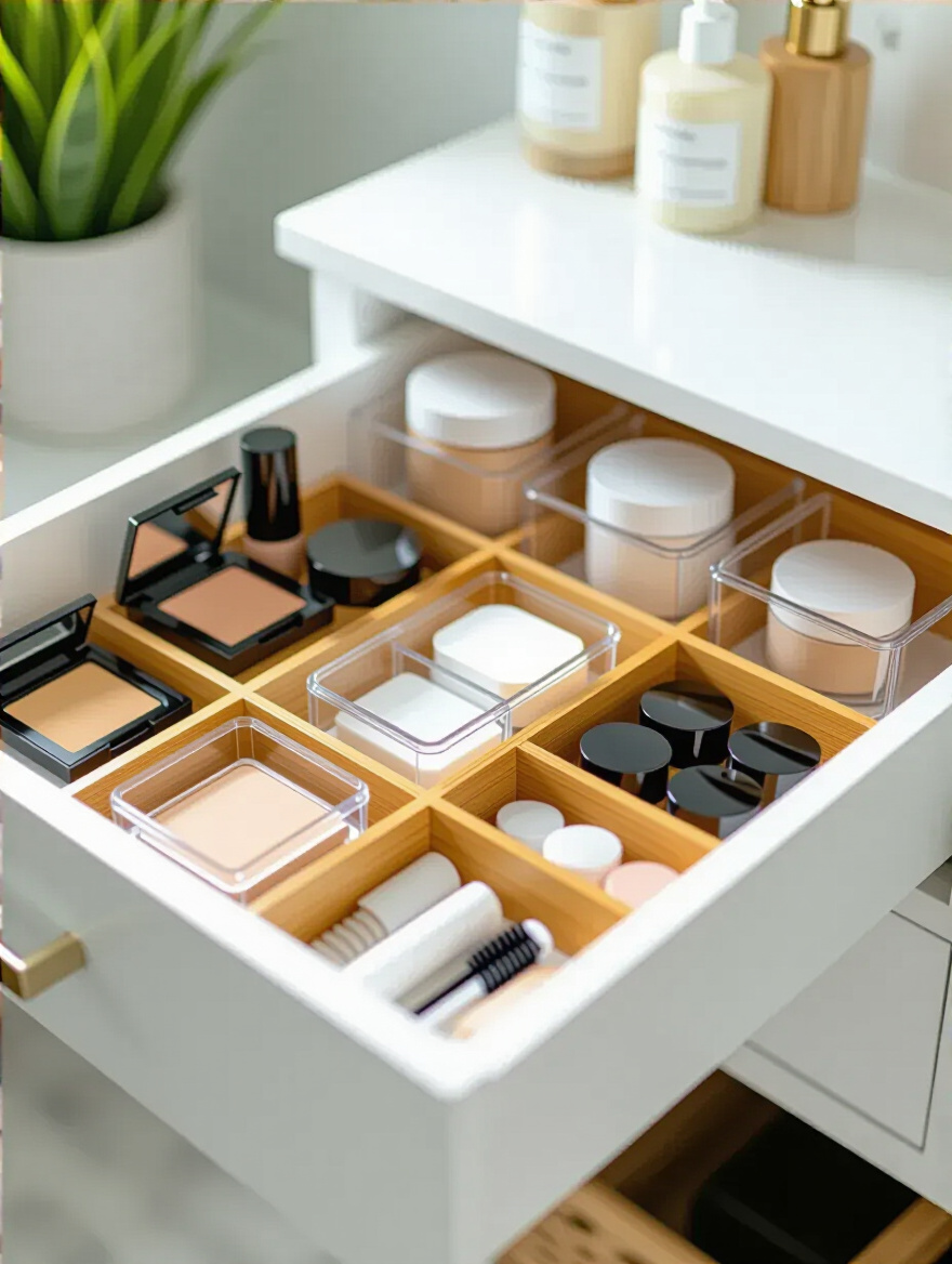 Open white bathroom vanity drawer organized with dividers and clear containers for clutter-free storage