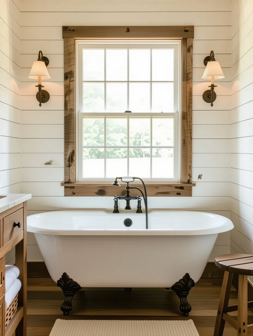 Vintage country bathroom with a white clawfoot tub beneath a window, featuring rustic decor and warm lighting