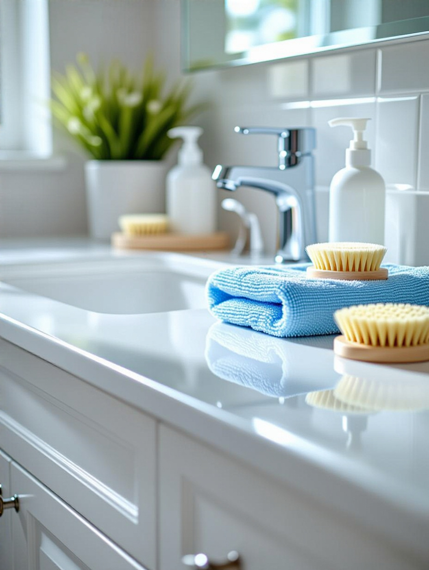 Spotless white bathroom vanity with cleaning supplies during seasonal deep cleaning, bright natural lighting