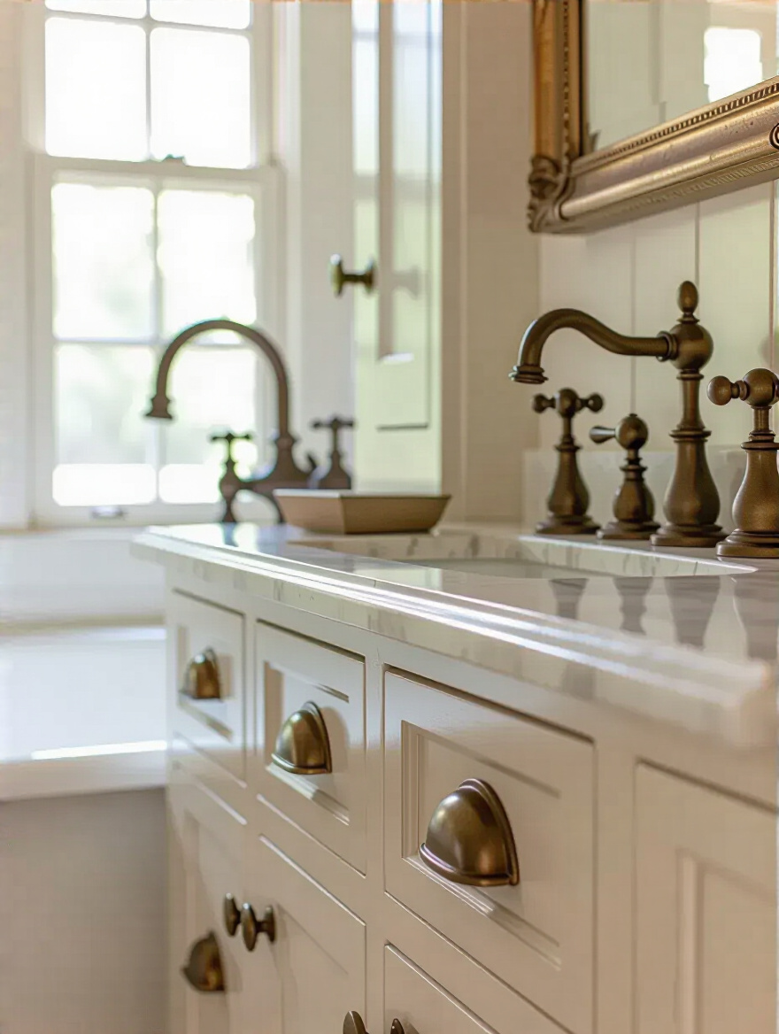 Close-up of Colonial bathroom cabinet door with authentic metal hardware finishes in unlacquered brass and forged iron