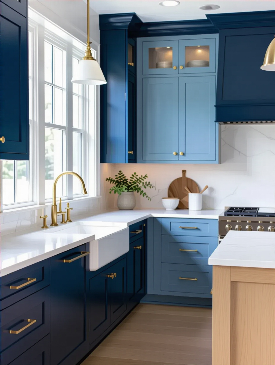 Blue kitchen cabinets with complementary hardware finishes in warm brass and brushed nickel