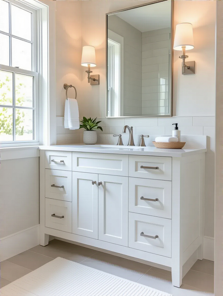 White bathroom vanity in transitional style with brushed nickel hardware in a bright, modern bathroom