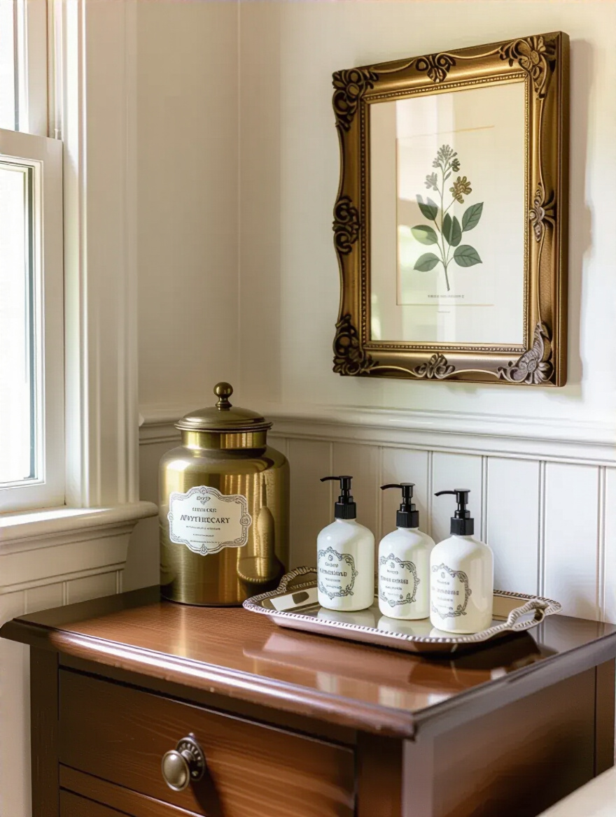 Traditional bathroom corner with heirloom-quality brass apothecary jar, vintage silver tray, and framed botanical print accessories