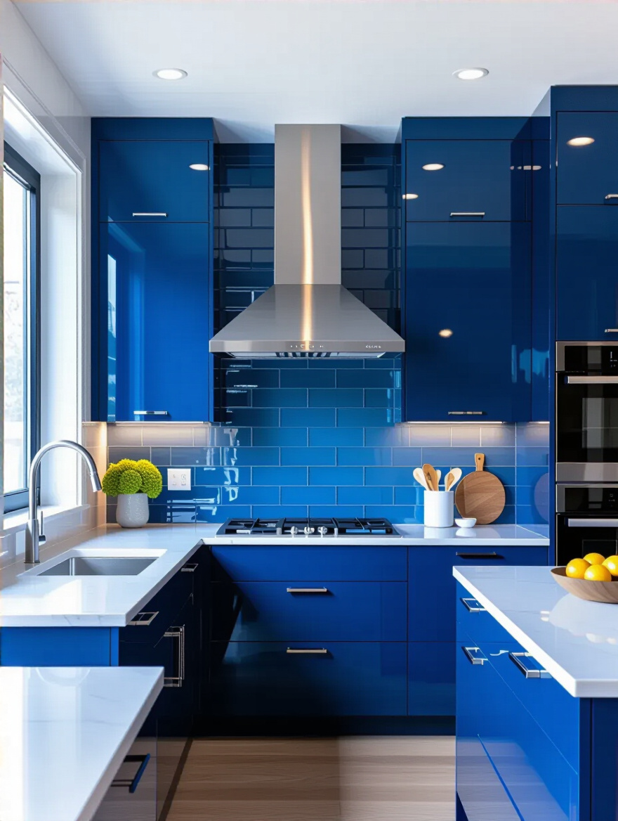 Vertical blue kitchen with stainless steel hood and discreet ceiling ductwork, no people