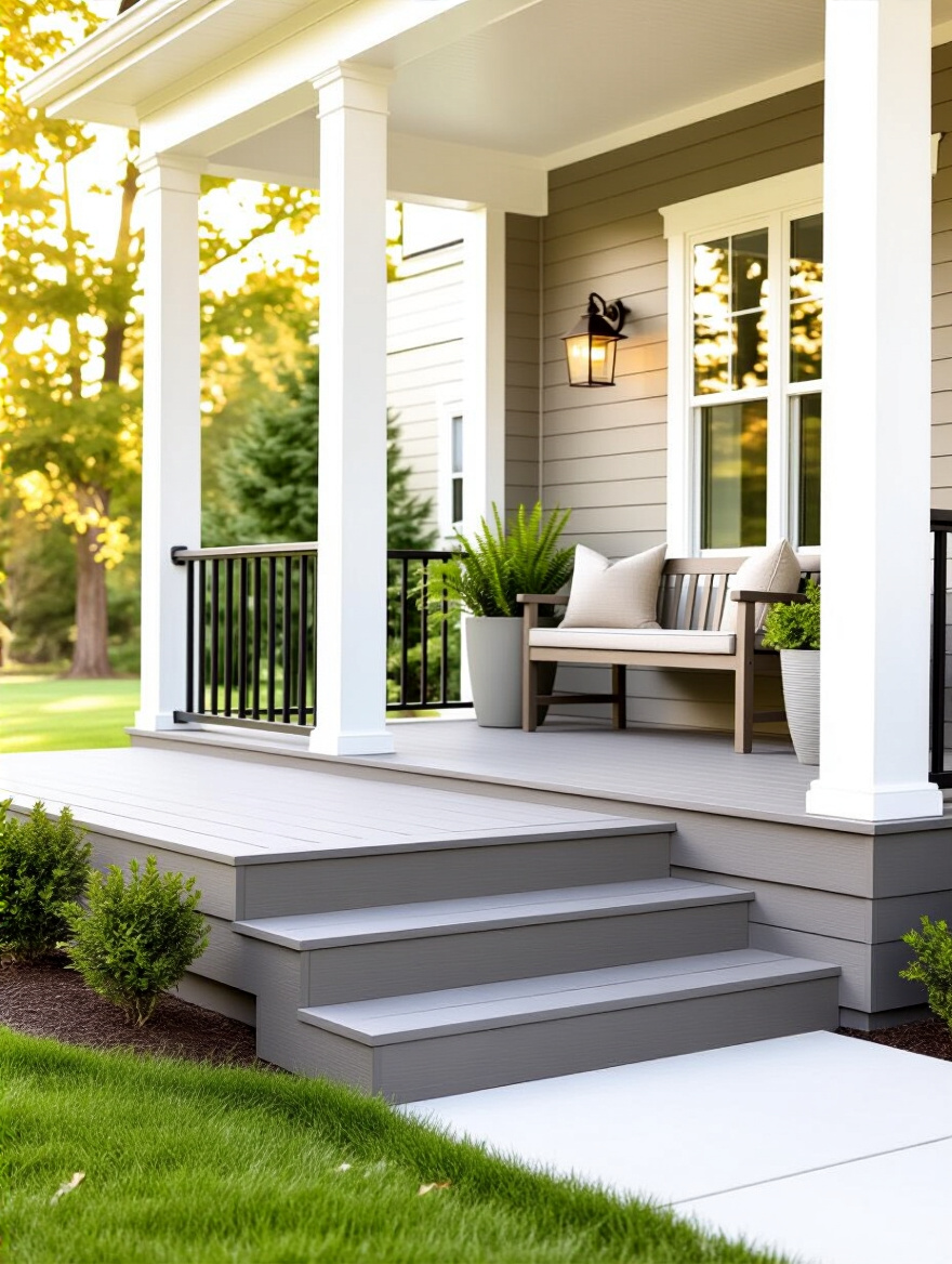 Vertical image of a porch showing composite decking, aluminum railings, and PVC columns in golden-hour light