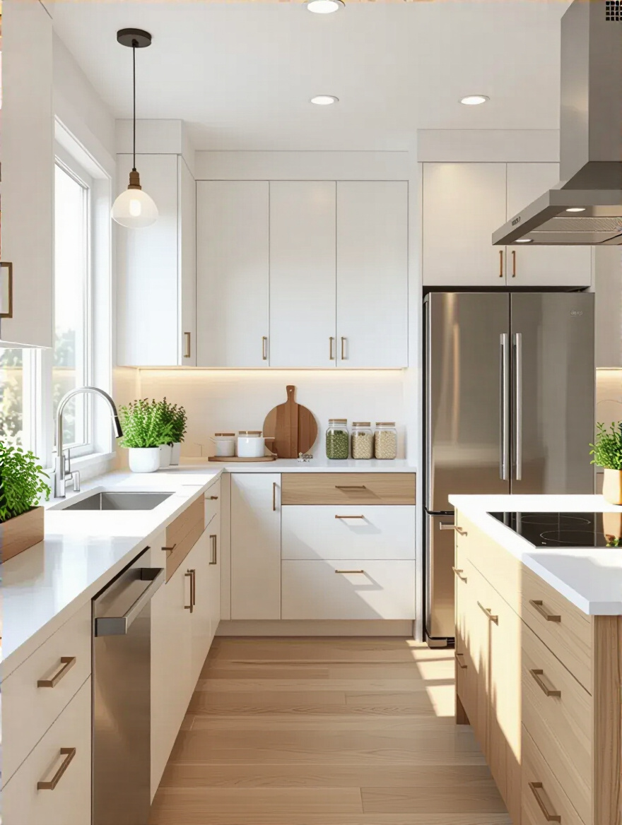 Portrait view of a modern sustainable kitchen planning scene with energy and water saving features