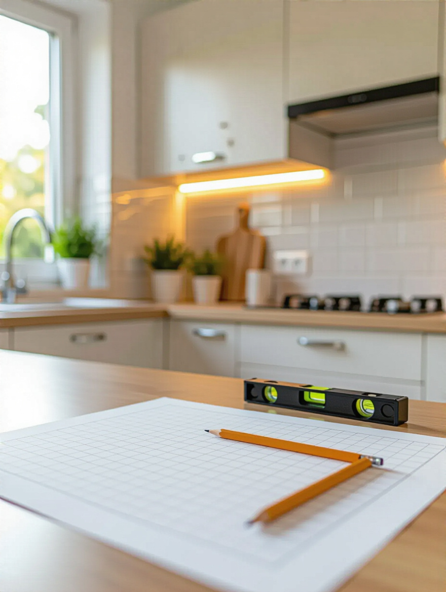 Vertical kitchen planning setup with graph paper, pencil, and level for backsplash measurement