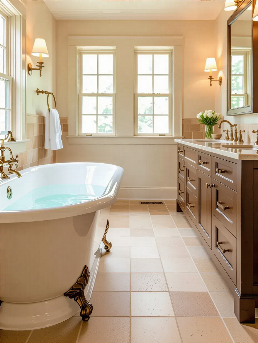 Traditional bathroom featuring cast-iron clawfoot tub, custom wood vanity with stone countertop, and high-quality tile flooring emphasizing investment pieces