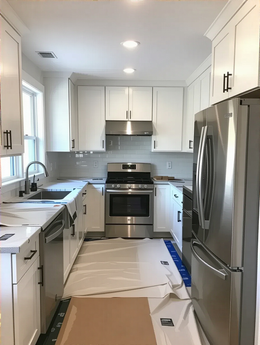Protected kitchen cabinets and appliances covered with plastic sheeting and drop cloths during a floor remodel