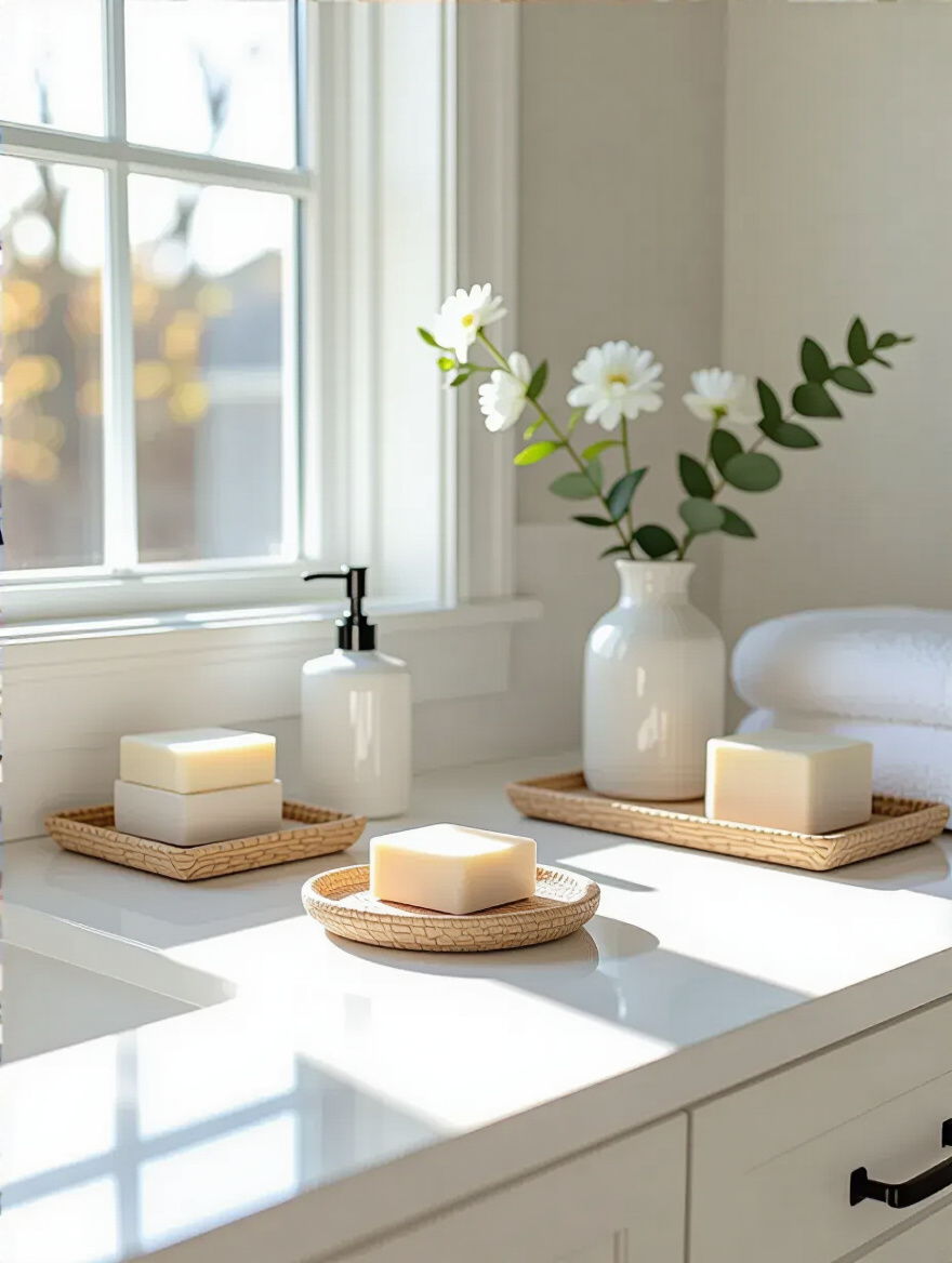 White bathroom vanity countertop protected from stains with trays and coasters in a bright, clean bathroom