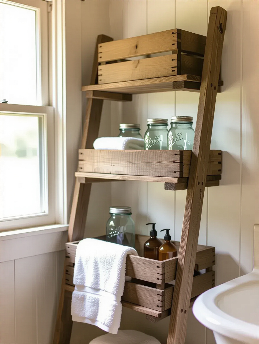 Cozy country bathroom corner with repurposed vintage ladder towel rack and wooden crate shelf with vintage jars, warm natural light highlighting rustic decor accents