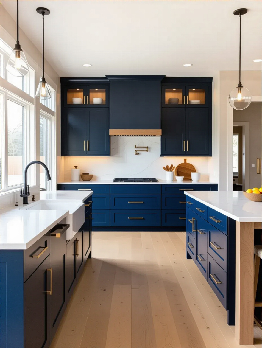 Vertical view of a blue kitchen blending with the home's neutral palette