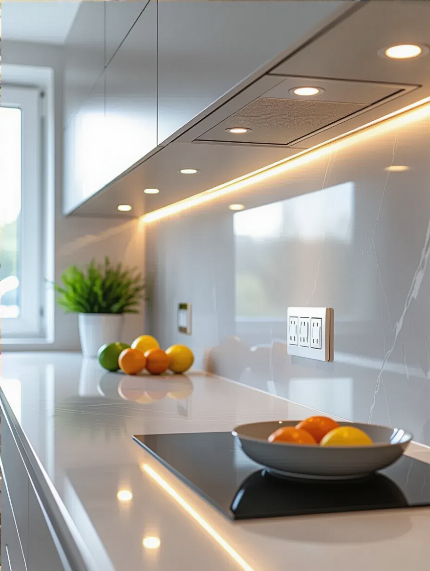 Modern kitchen backsplash with concealed outlets seamlessly integrated into the surface