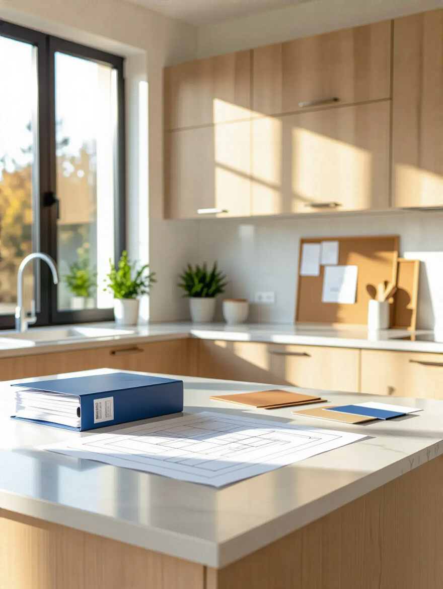 Portrait-style planning scene in a kitchen with rolled blueprints and a blank binder on a countertop.