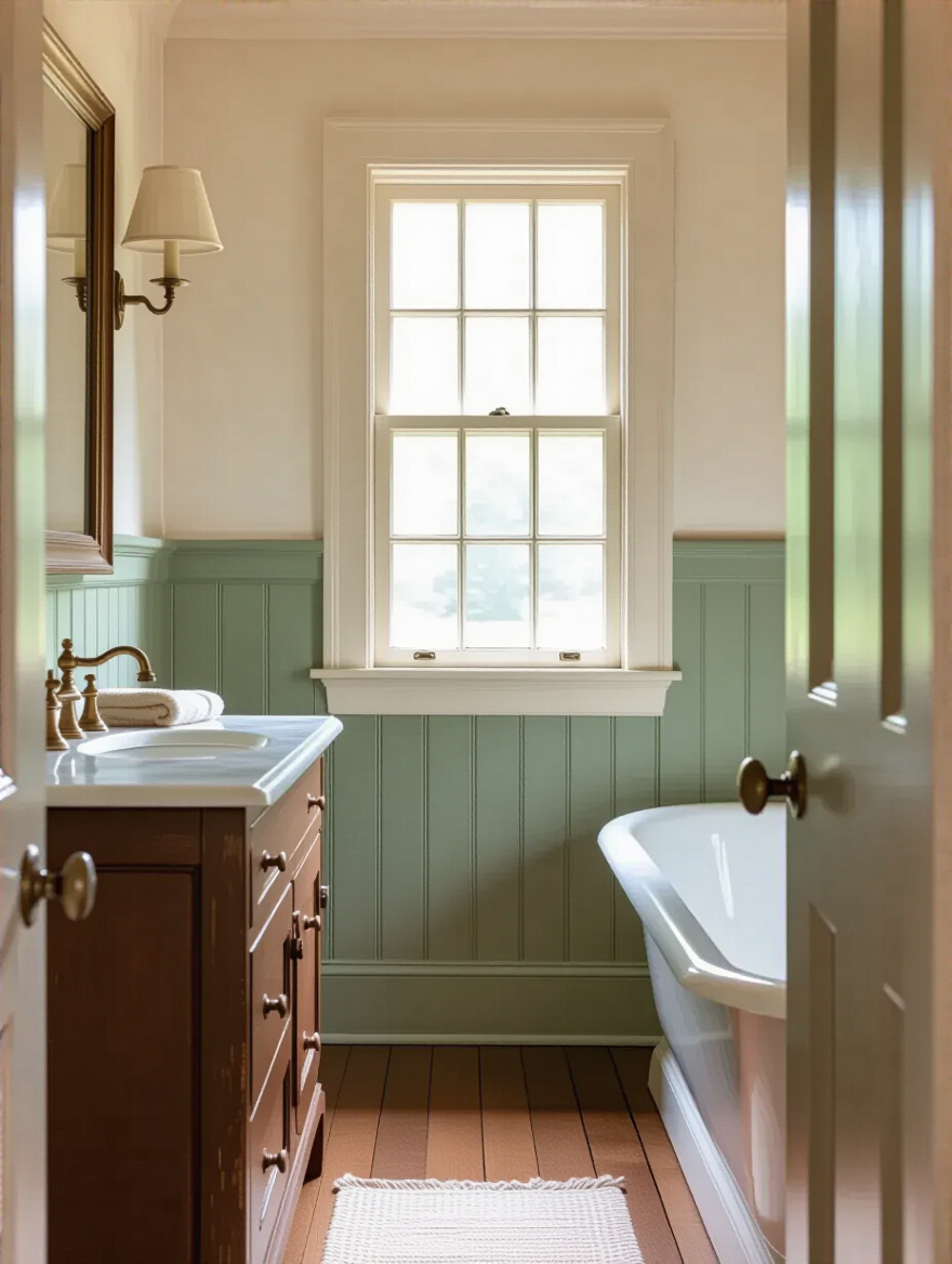 Authentic Colonial bathroom interior with muted earth tone color palette and period-appropriate finishes