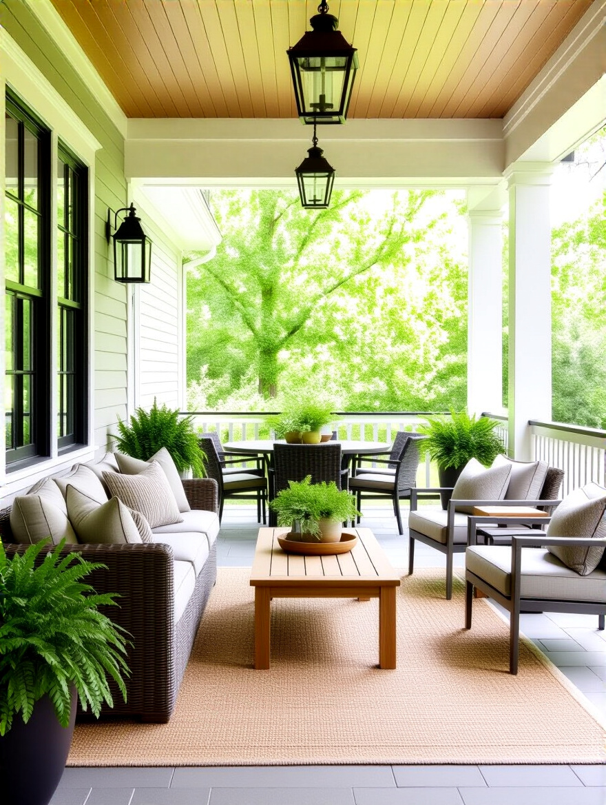 Covered porch with weather-resistant outdoor sofa and dining set, zones defined by rugs and planters