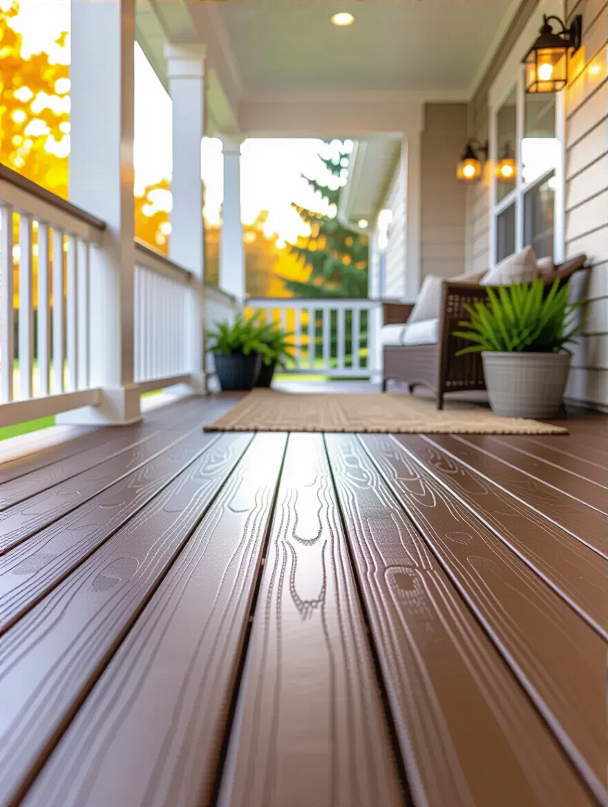 Vertical photo of a porch with textured composite decking leading to a covered seating area, warm late-afternoon light highlighting the board grain and hidden fasteners.